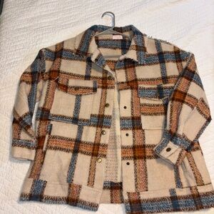 Pink Lily Plaid Utility Jacket - Cream, Blue, Brown